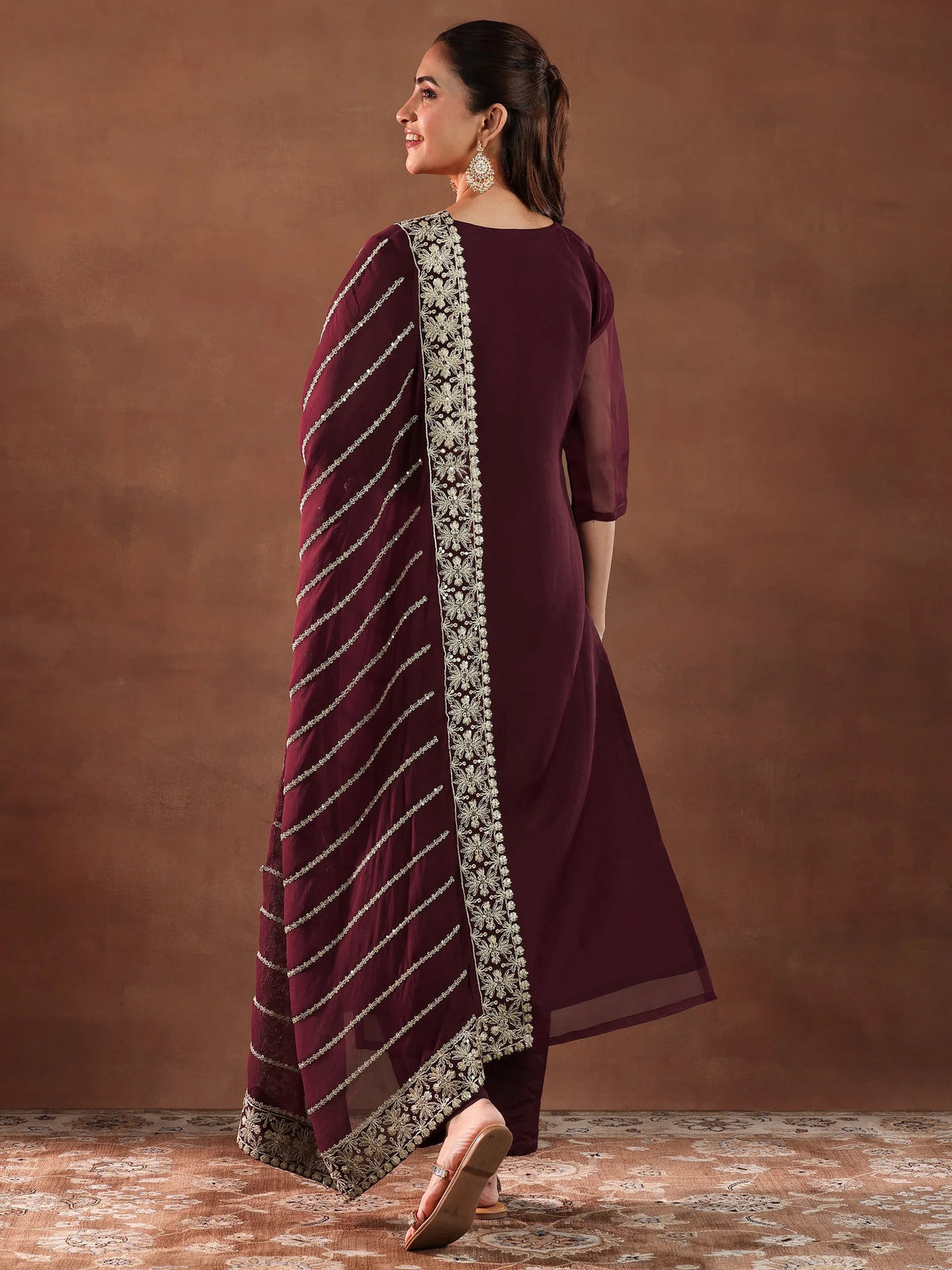 Libas Maroon Yoke Design Organza Straight Suit With Dupatta