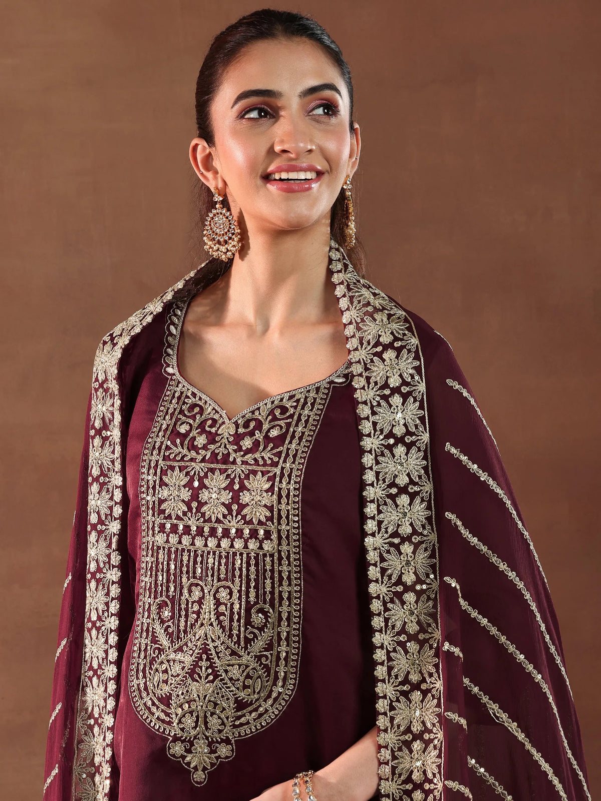 Libas Maroon Yoke Design Organza Straight Suit With Dupatta