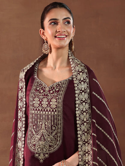 Libas Maroon Yoke Design Organza Straight Suit With Dupatta