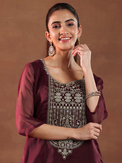 Libas Maroon Yoke Design Organza Straight Suit With Dupatta