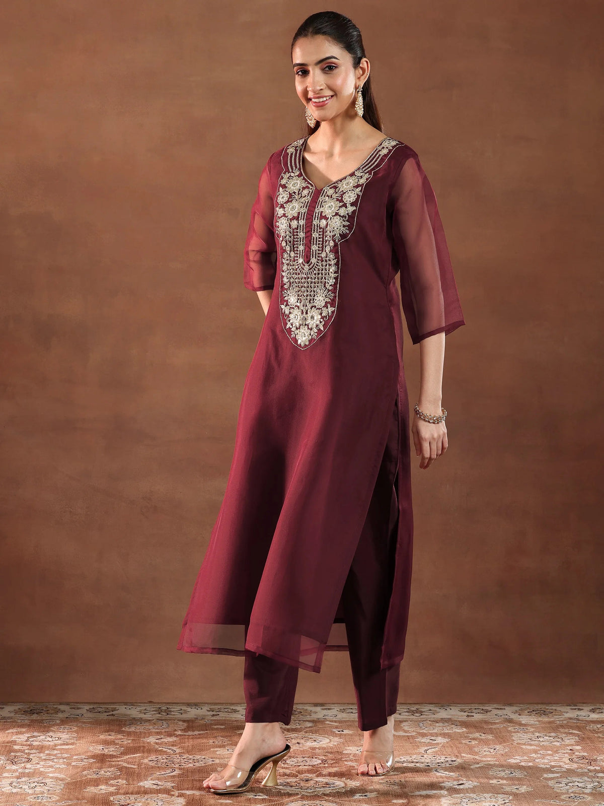Libas Maroon Yoke Design Organza Straight Suit With Dupatta