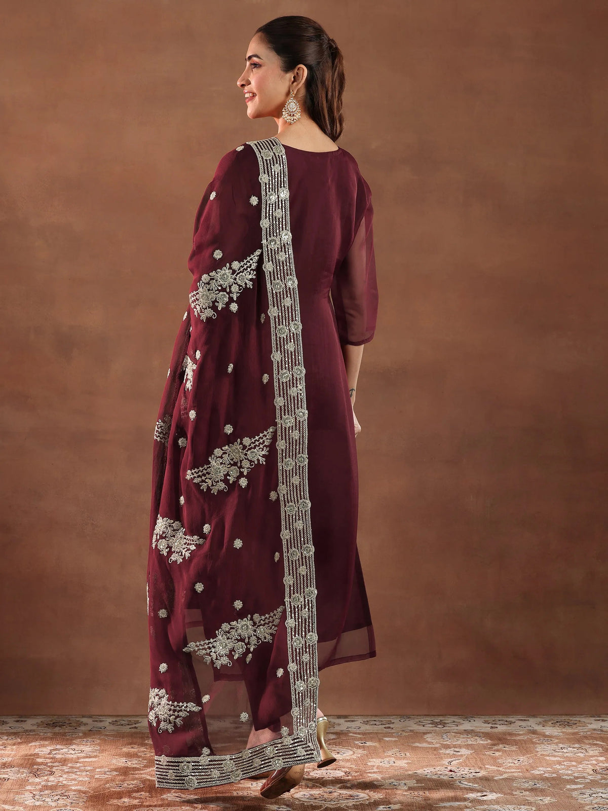 Libas Maroon Yoke Design Organza Straight Suit With Dupatta