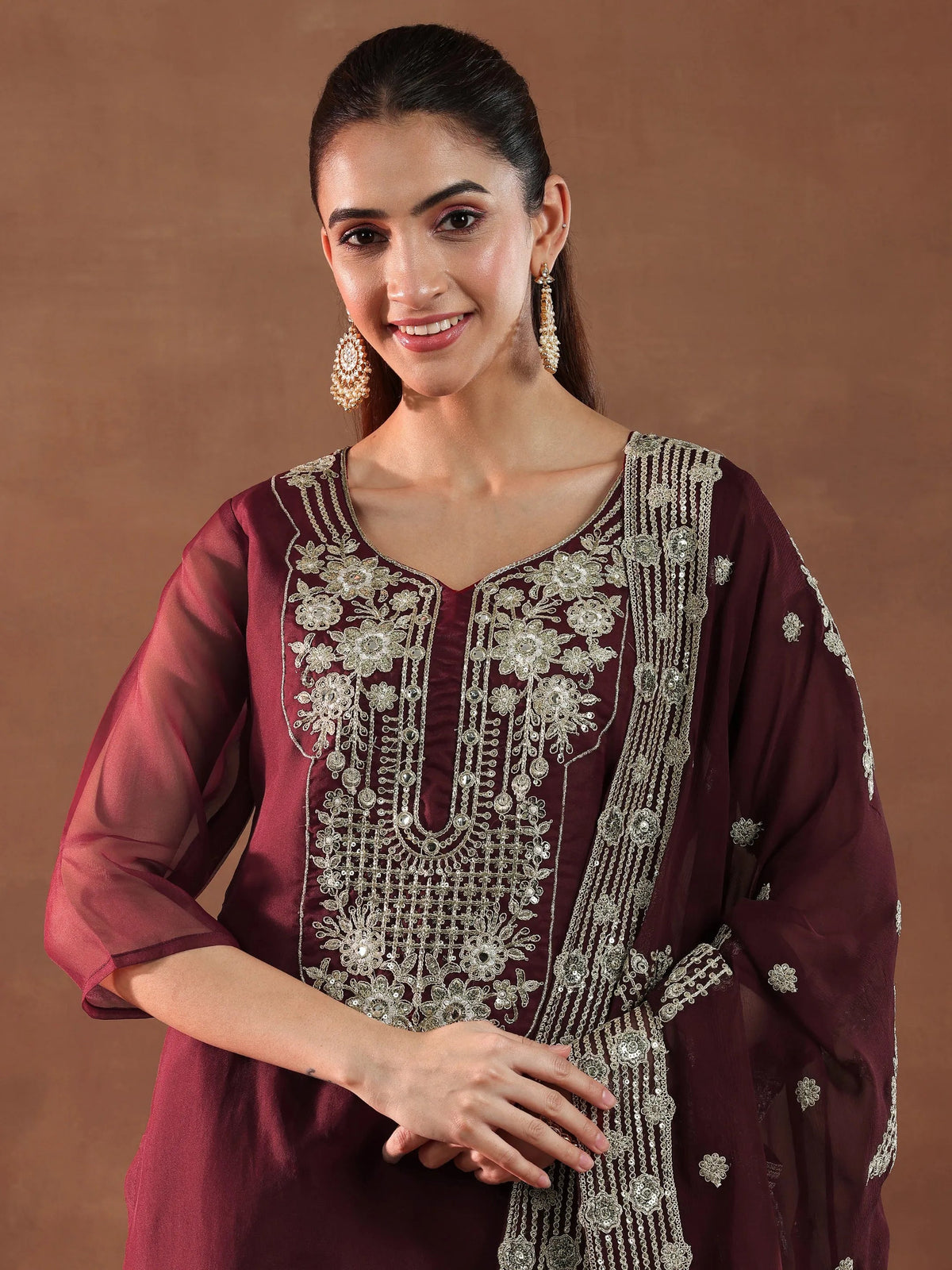 Libas Maroon Yoke Design Organza Straight Suit With Dupatta