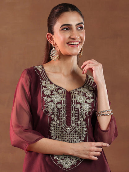 Libas Maroon Yoke Design Organza Straight Suit With Dupatta