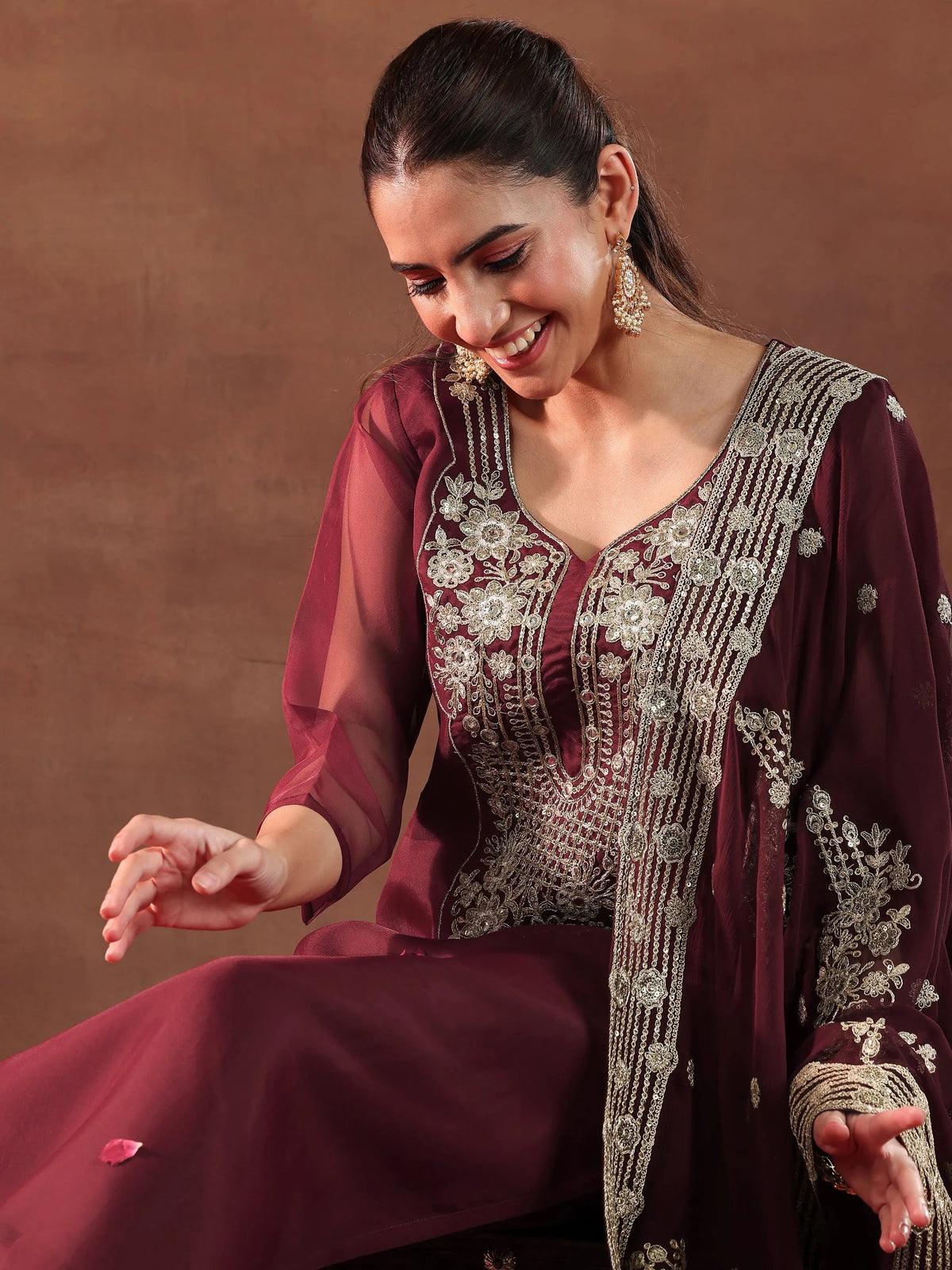 Libas Maroon Yoke Design Organza Straight Suit With Dupatta