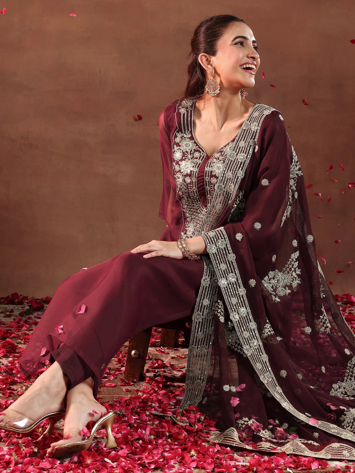 Libas Maroon Yoke Design Organza Straight Suit With Dupatta