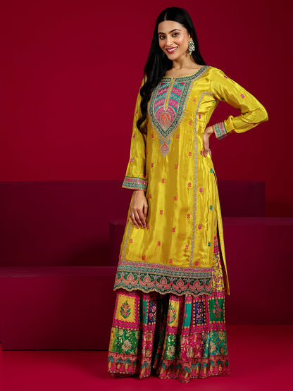 Libas Art Mustard Embroidered Silk Blend Straight Sharara Suit Set With Dupatta