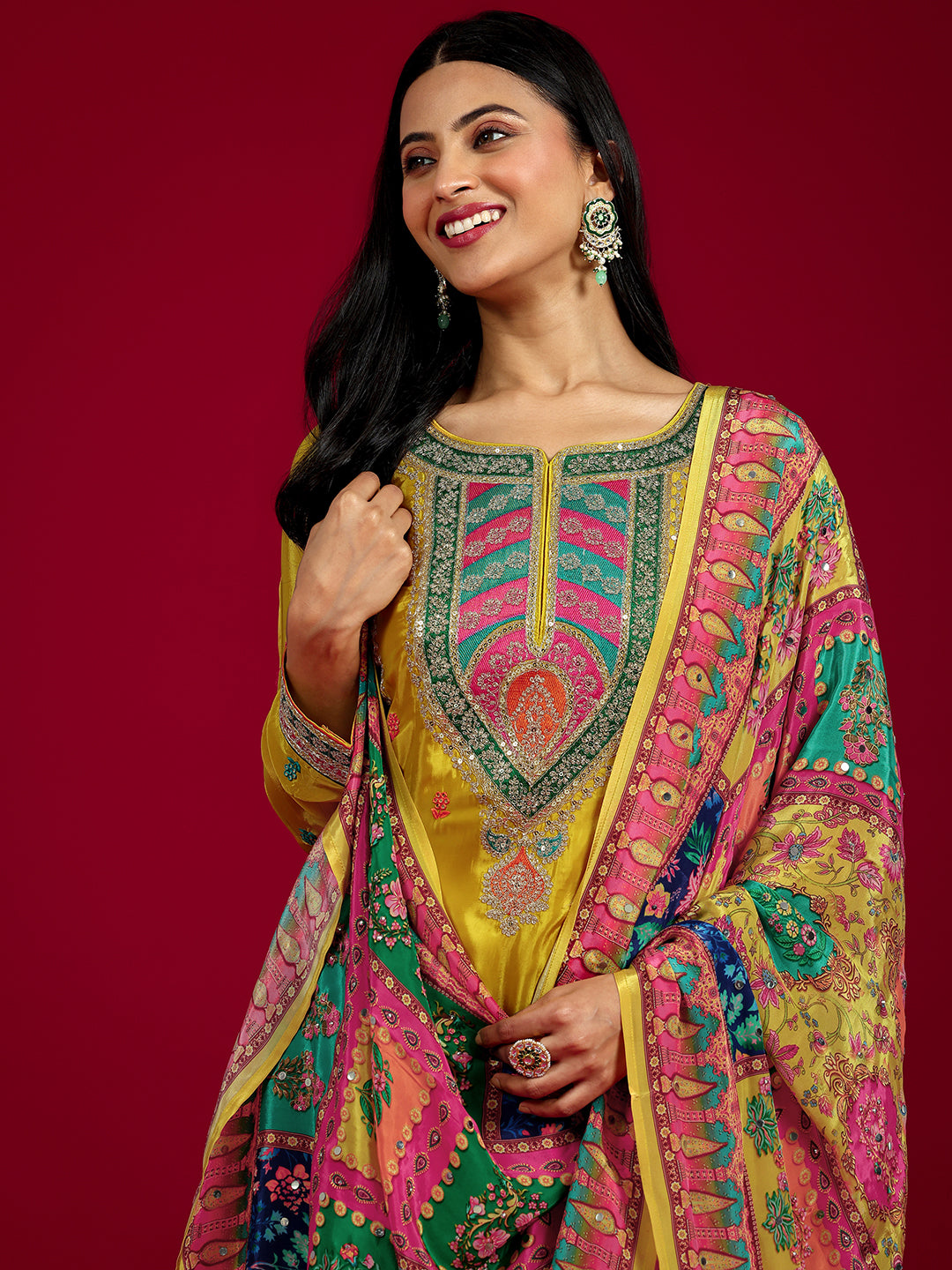Libas Art Mustard Embroidered Silk Blend Straight Sharara Suit Set With Dupatta