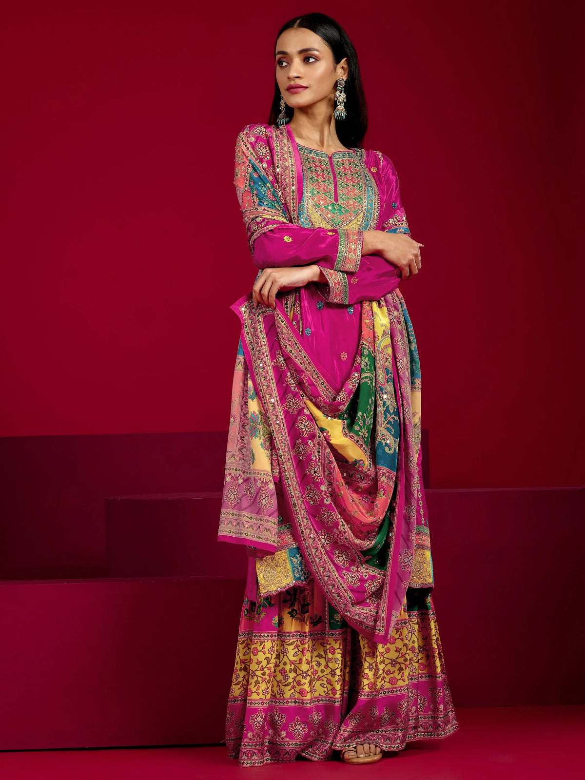 Libas Art Pink Embroidered Silk Blend Straight Suit With Dupatta