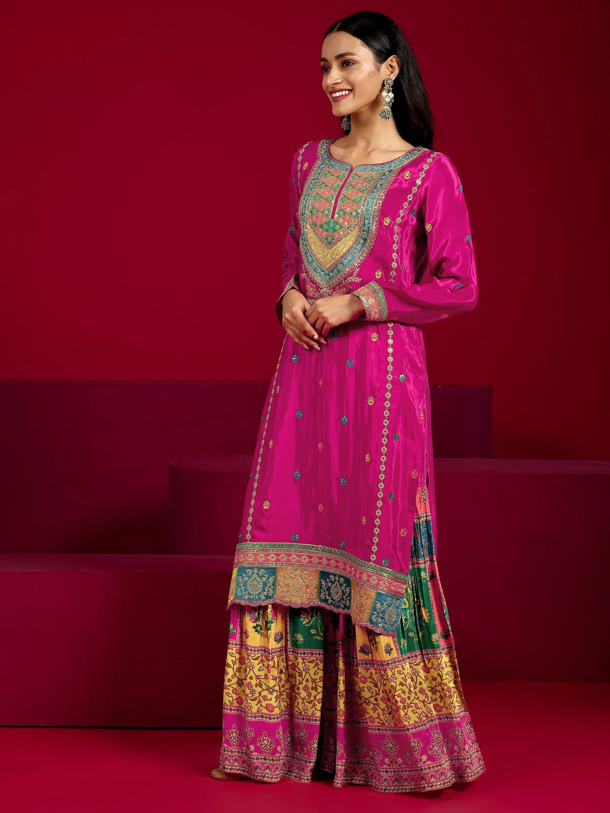 Libas Art Pink Embroidered Silk Blend Straight Suit With Dupatta