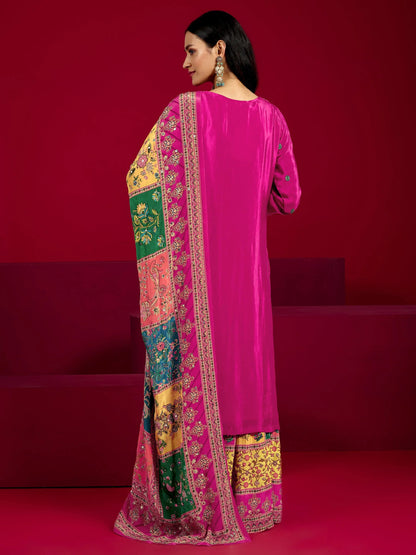 Libas Art Pink Embroidered Silk Blend Straight Suit With Dupatta