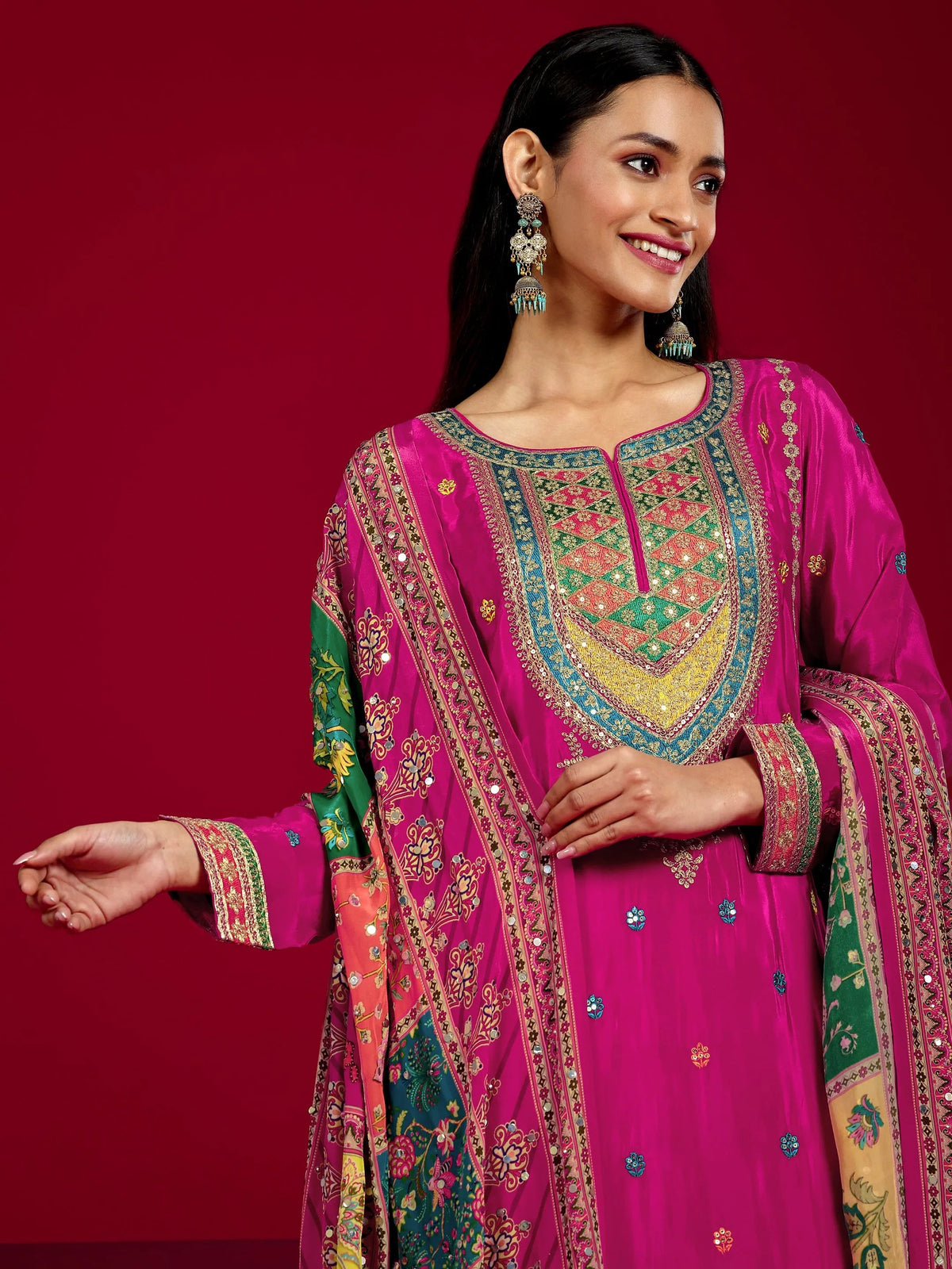 Libas Art Pink Embroidered Silk Blend Straight Suit With Dupatta