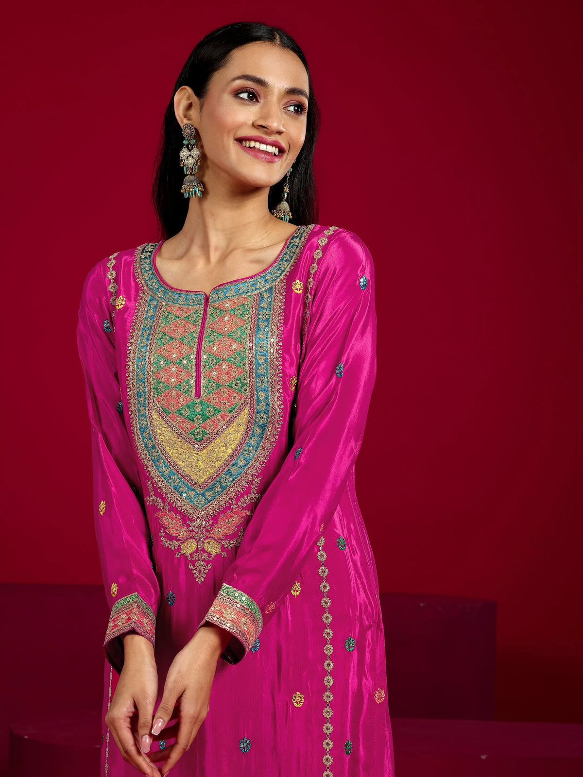 Libas Art Pink Embroidered Silk Blend Straight Suit With Dupatta