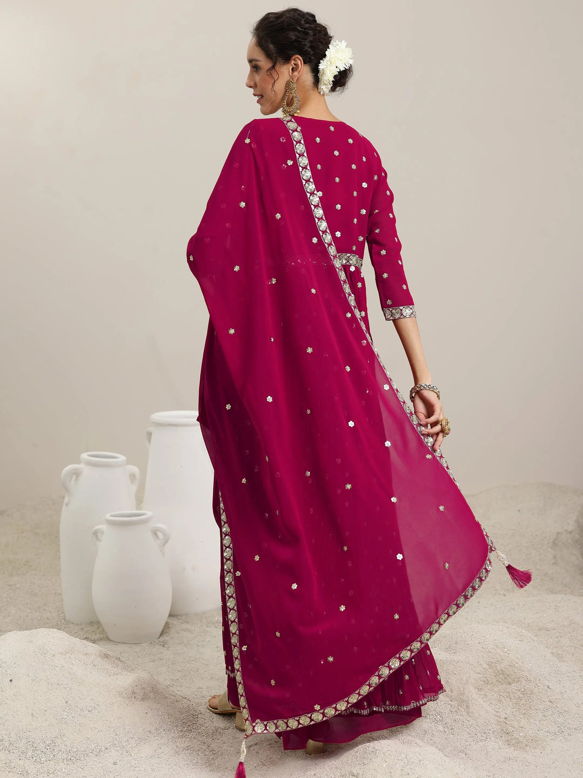 Libas Pink Embellished Georgette Co-Ords With Shrug