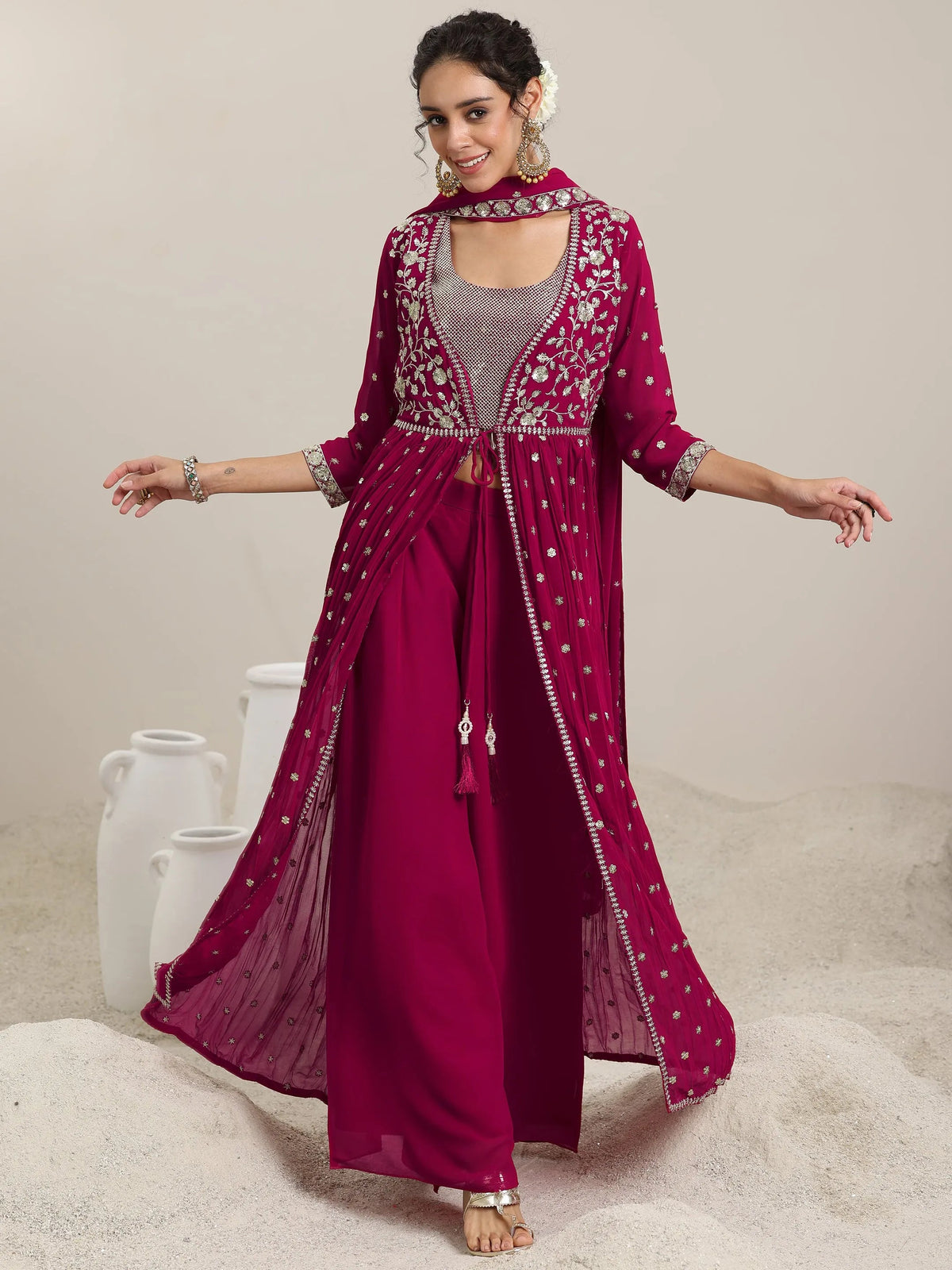 Libas Pink Embellished Georgette Co-Ords With Shrug