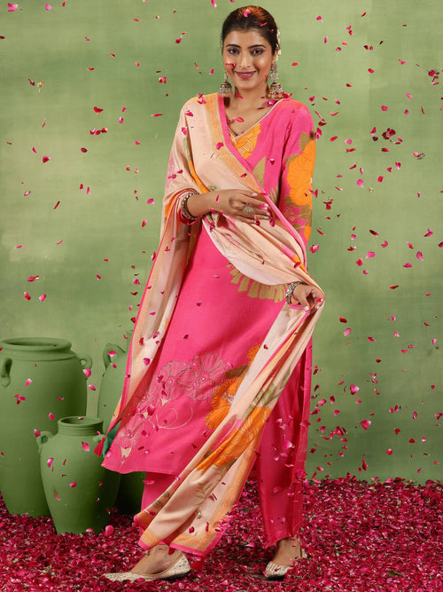 Libas Pink Printed Silk Blend Straight Suit With Dupatta