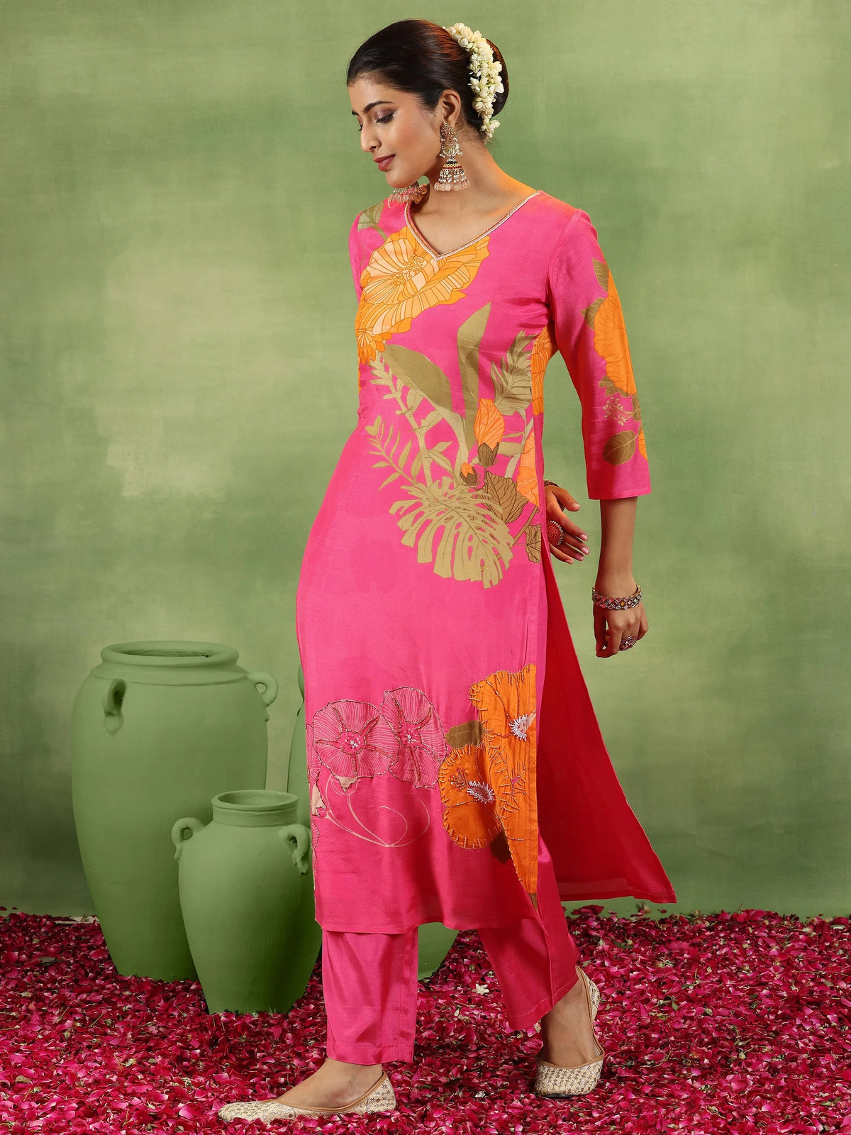 Libas Pink Printed Silk Blend Straight Suit With Dupatta