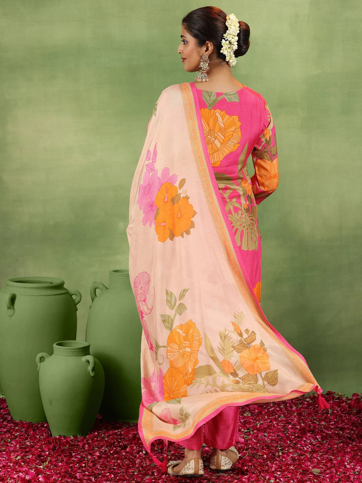 Libas Pink Printed Silk Blend Straight Suit With Dupatta