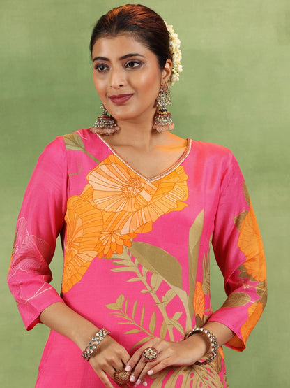 Libas Pink Printed Silk Blend Straight Suit With Dupatta