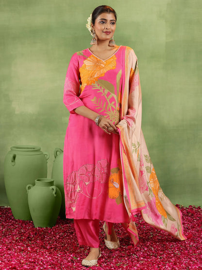 Libas Pink Printed Silk Blend Straight Suit With Dupatta