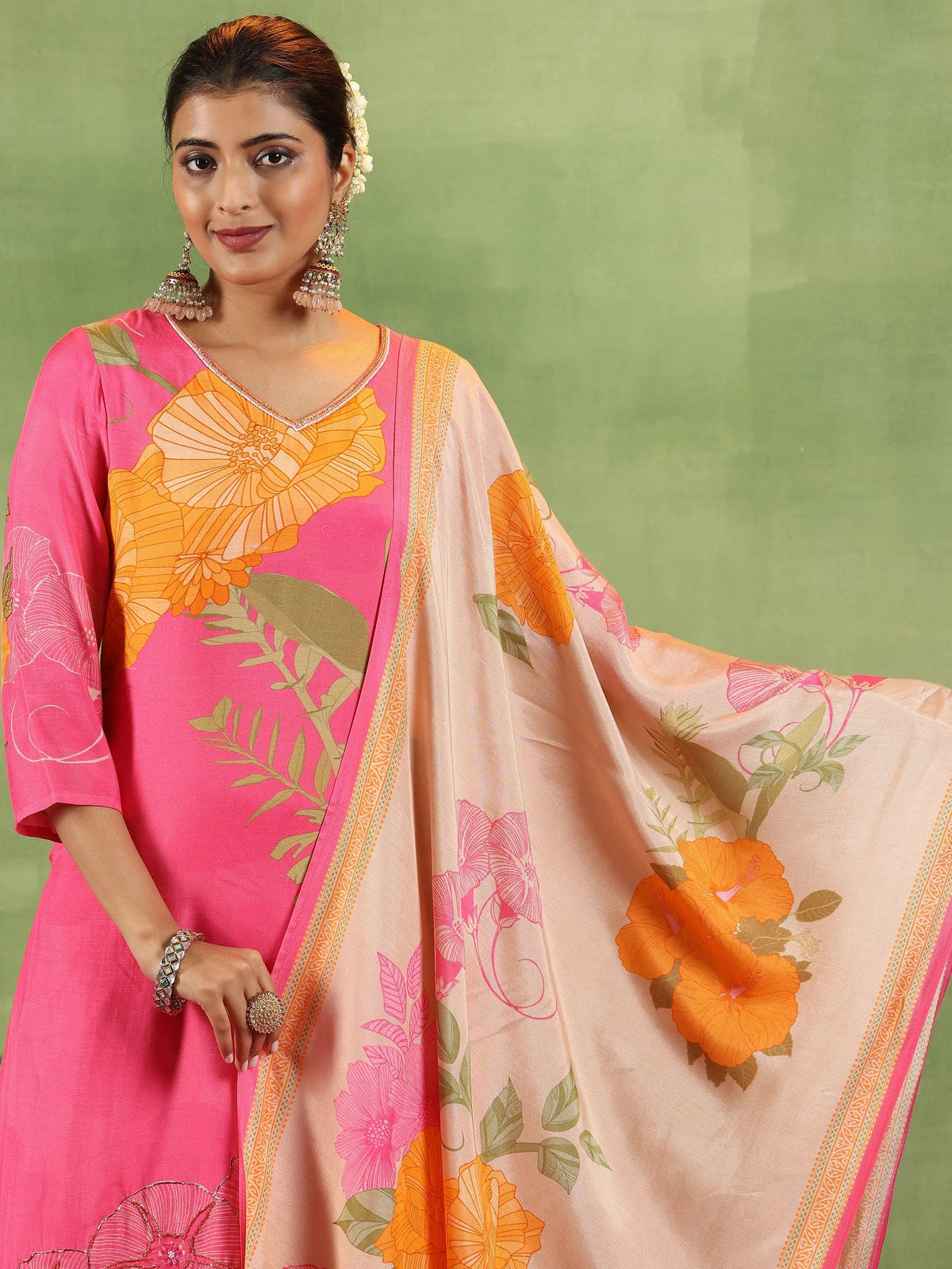 Libas Pink Printed Silk Blend Straight Suit With Dupatta