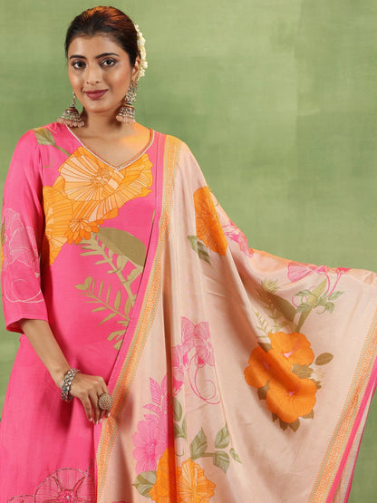 Libas Pink Printed Silk Blend Straight Suit With Dupatta