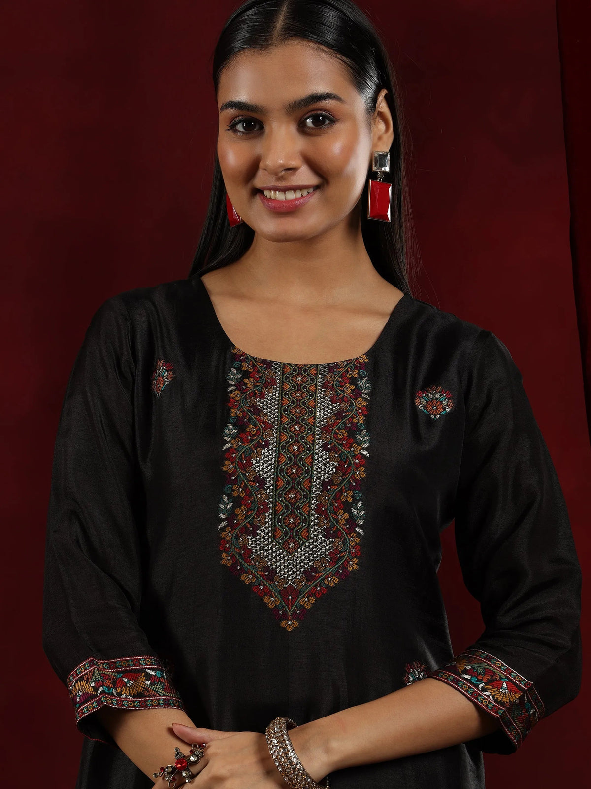 Libas Art Black Woven Design Silk Blend Straight Suit With Dupatta