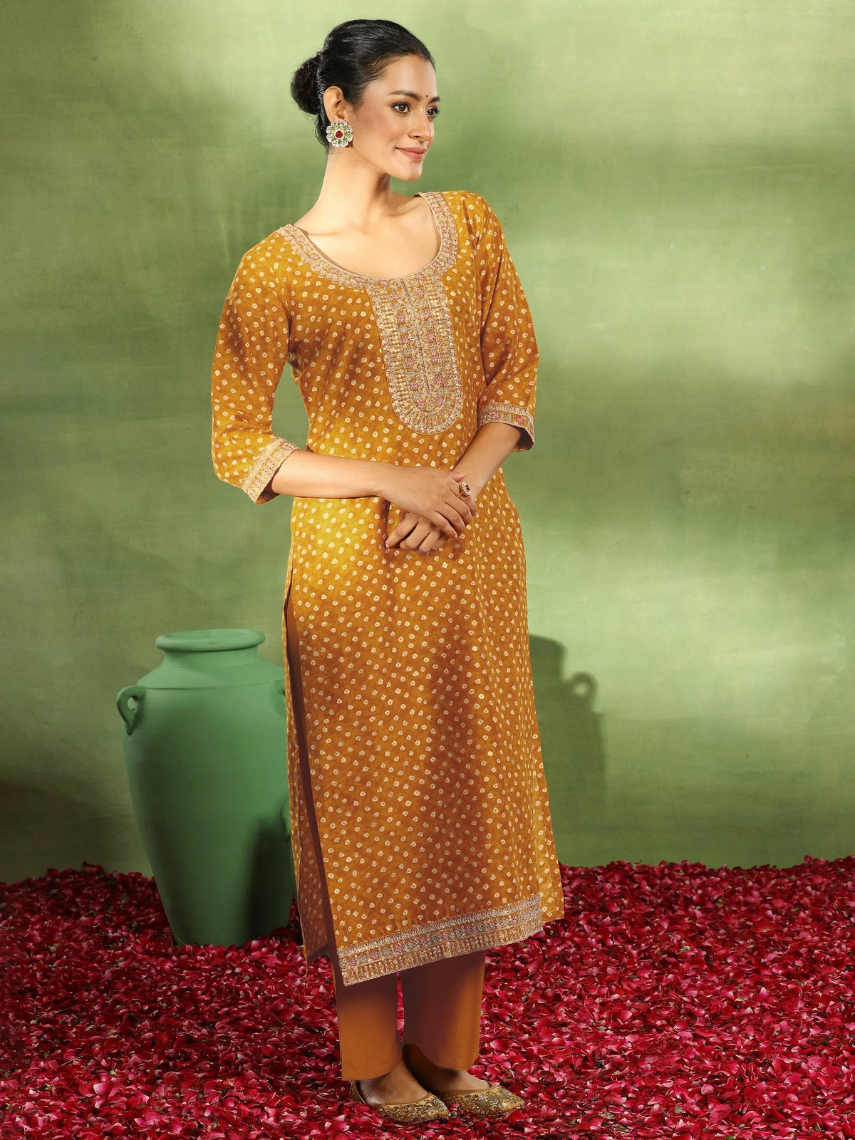 Libas Mustard Printed Silk Blend Straight Suit With Dupatta