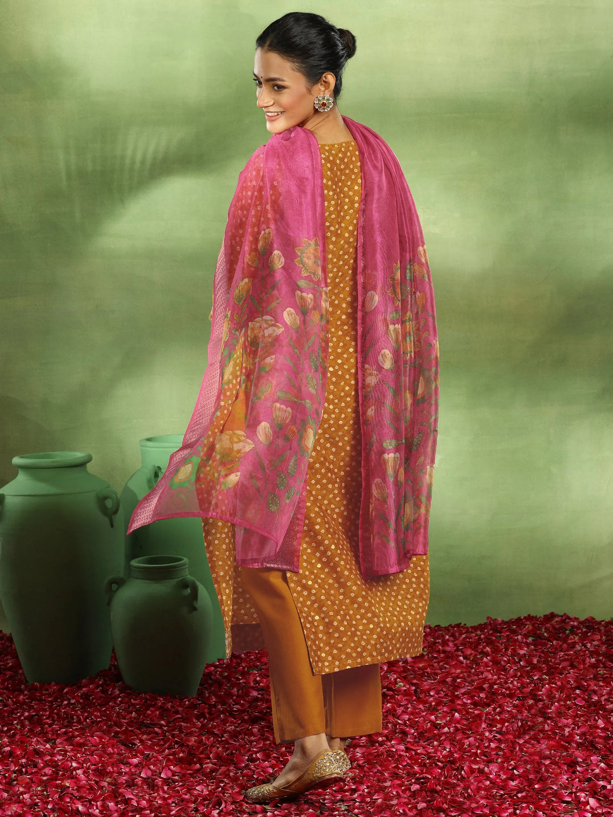 Libas Mustard Printed Silk Blend Straight Suit With Dupatta