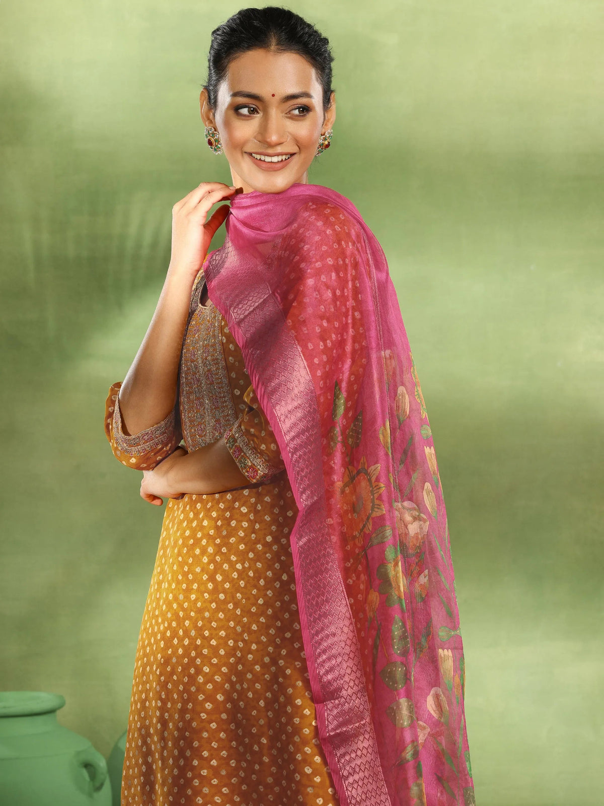 Libas Mustard Printed Silk Blend Straight Suit With Dupatta