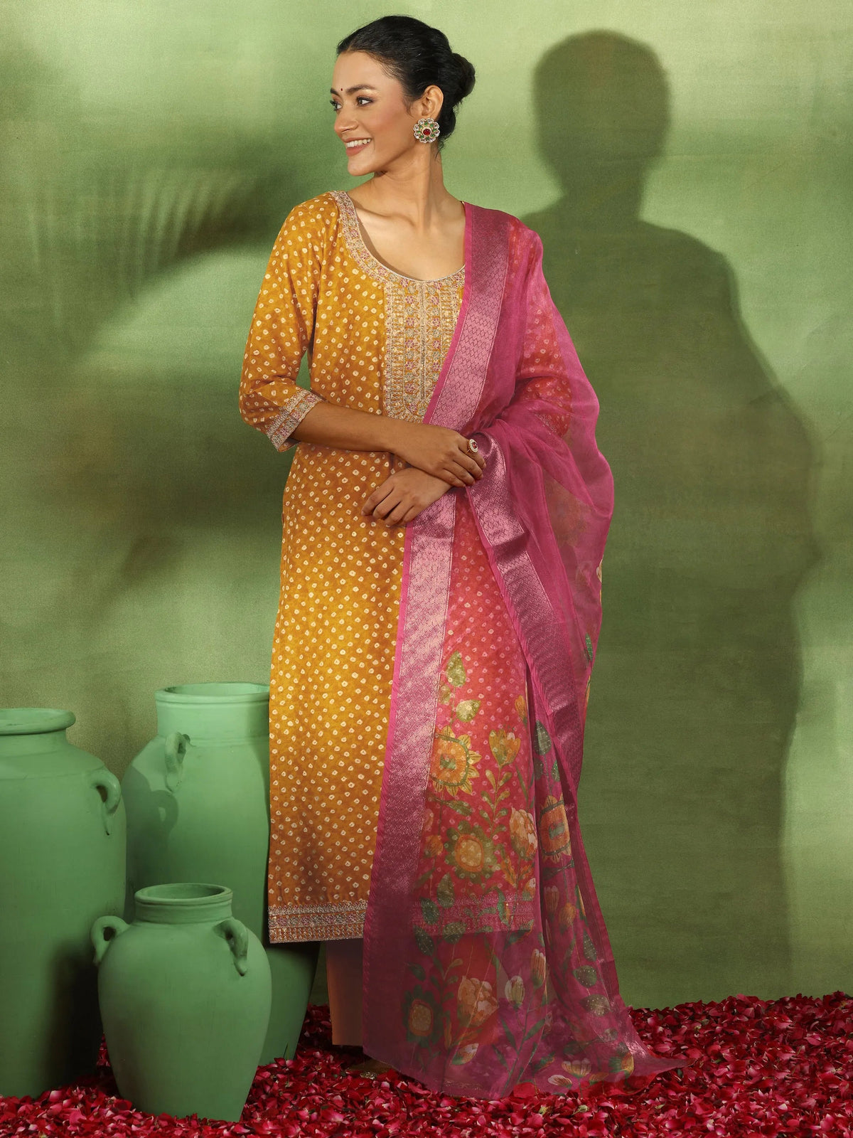 Libas Mustard Printed Silk Blend Straight Suit With Dupatta