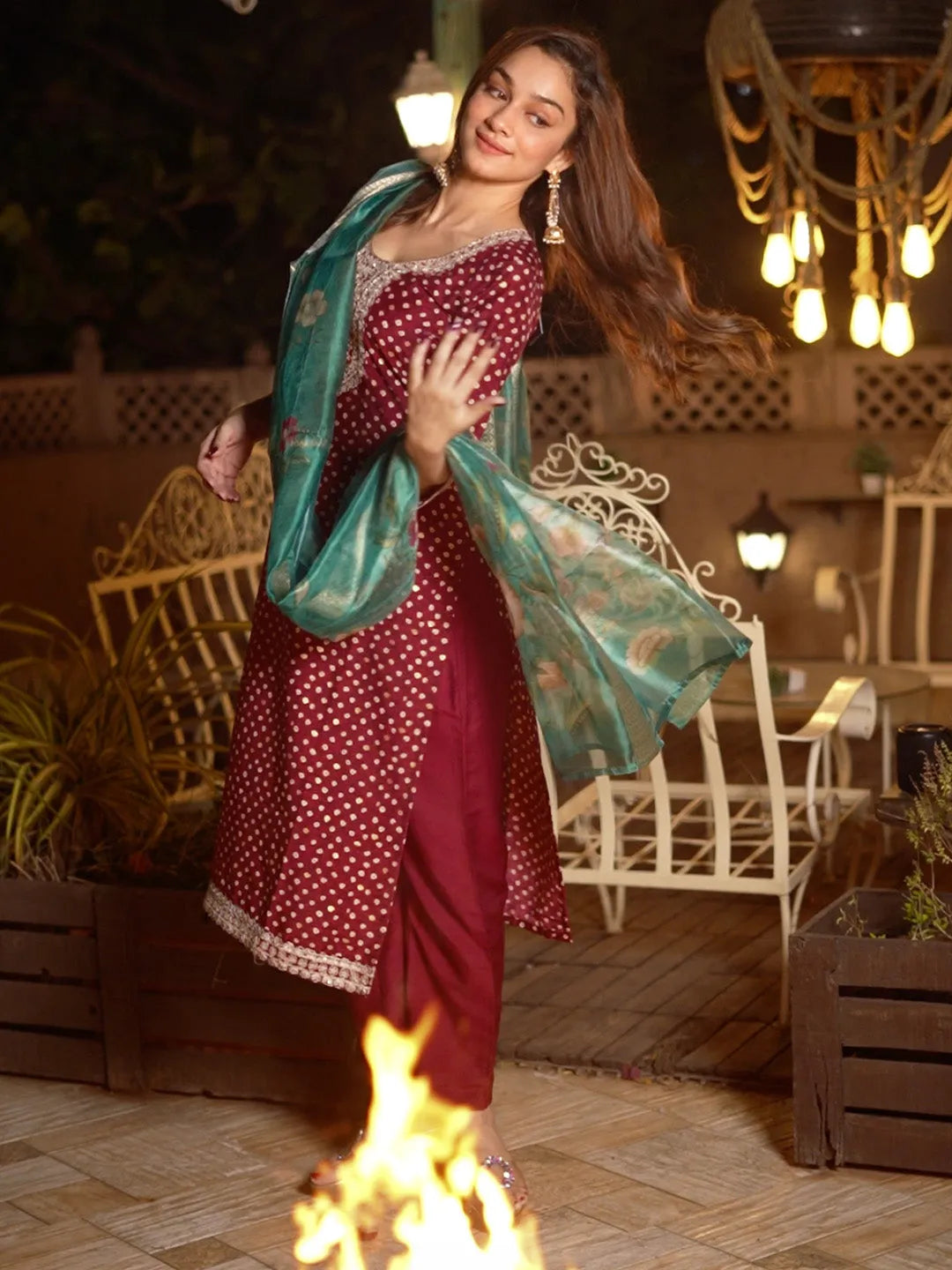 Libas Maroon Printed Silk Blend Straight Suit With Dupatta