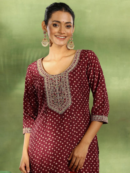 Libas Maroon Printed Silk Blend Straight Suit With Dupatta