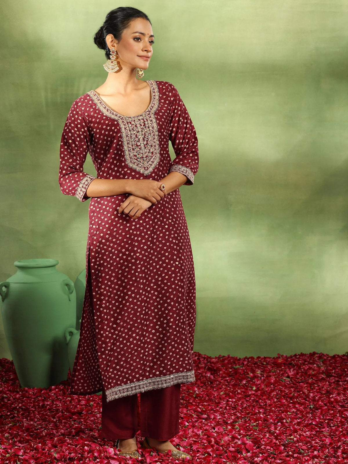 Libas Maroon Printed Silk Blend Straight Suit With Dupatta