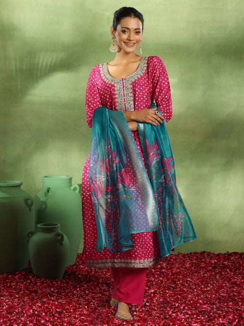 Libas Pink Printed Silk Blend Straight Suit With Dupatta
