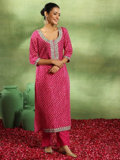 Libas Pink Printed Silk Blend Straight Suit With Dupatta