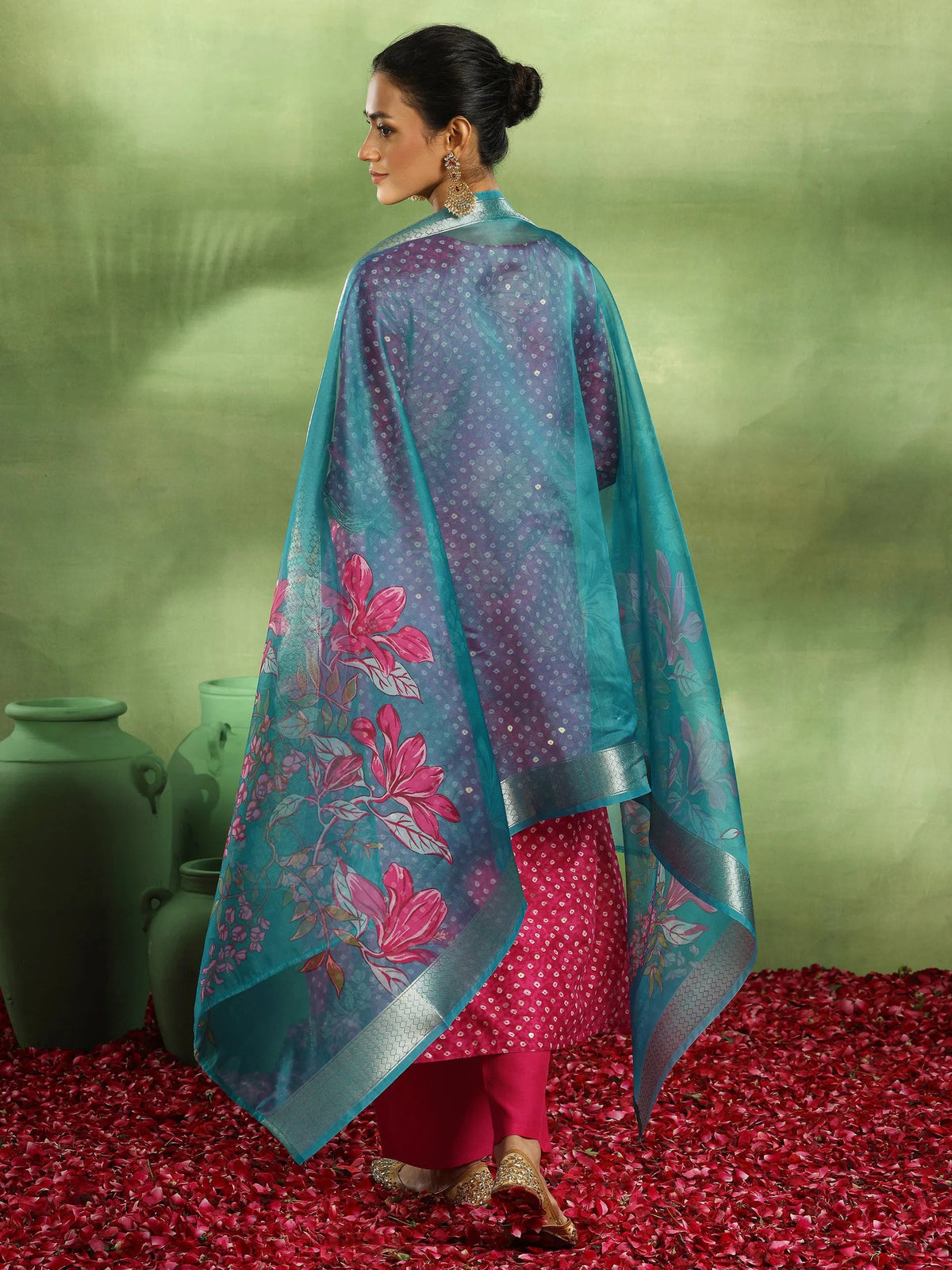 Libas Pink Printed Silk Blend Straight Suit With Dupatta