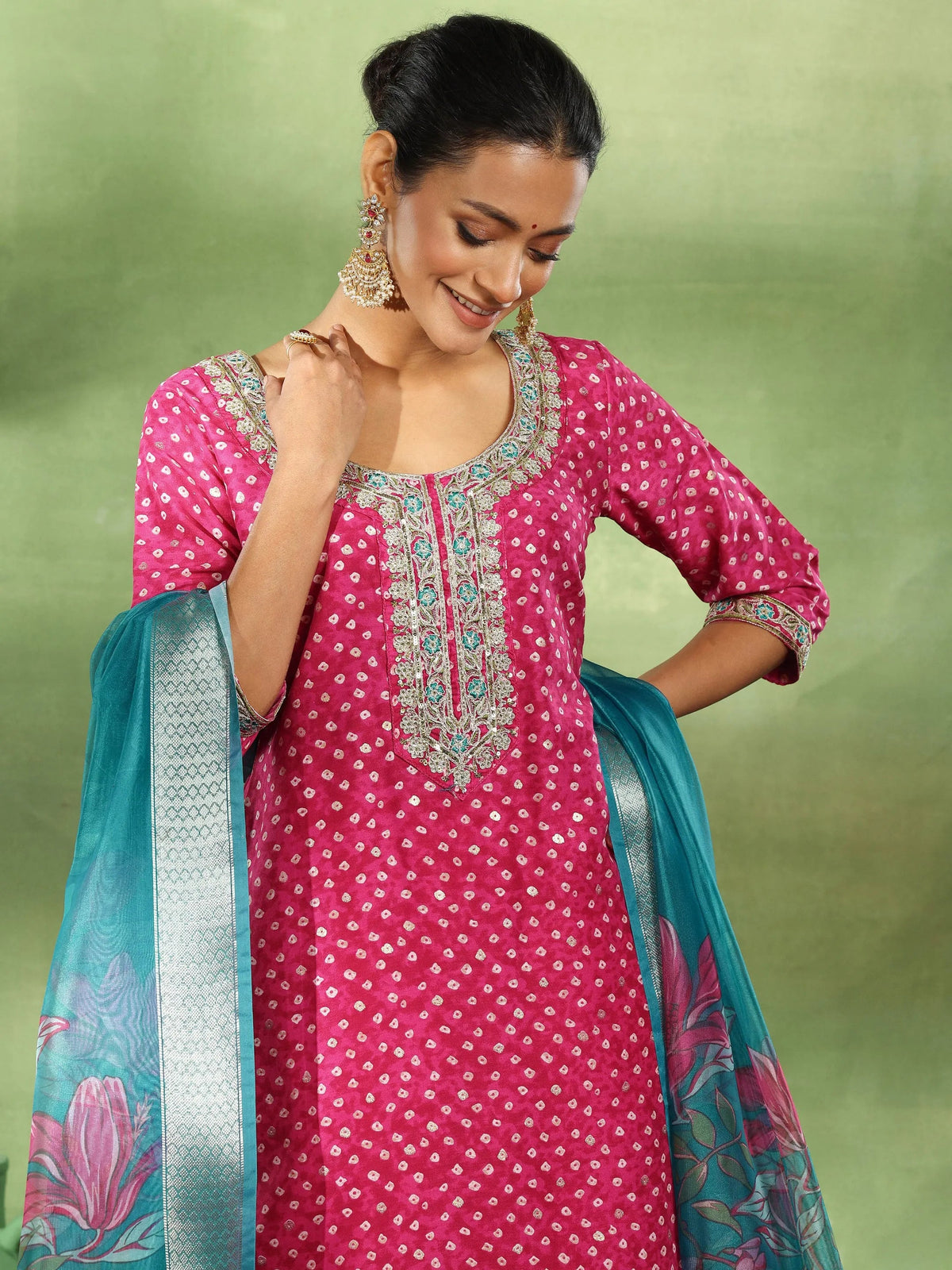 Libas Pink Printed Silk Blend Straight Suit With Dupatta