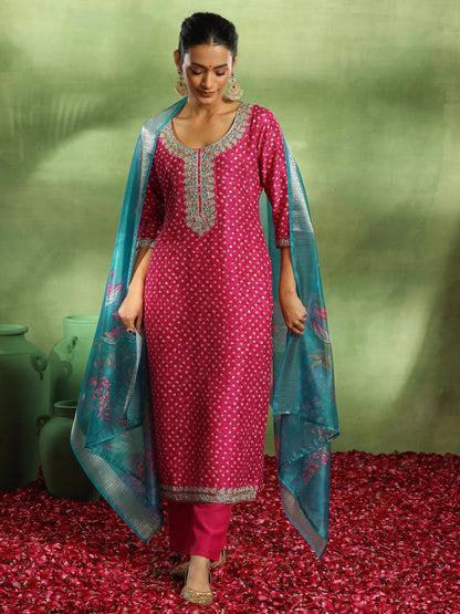 Libas Pink Printed Silk Blend Straight Suit With Dupatta