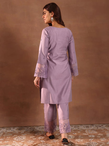 Libas Mauve Embroidered Silk Blend Straight Kurta Set