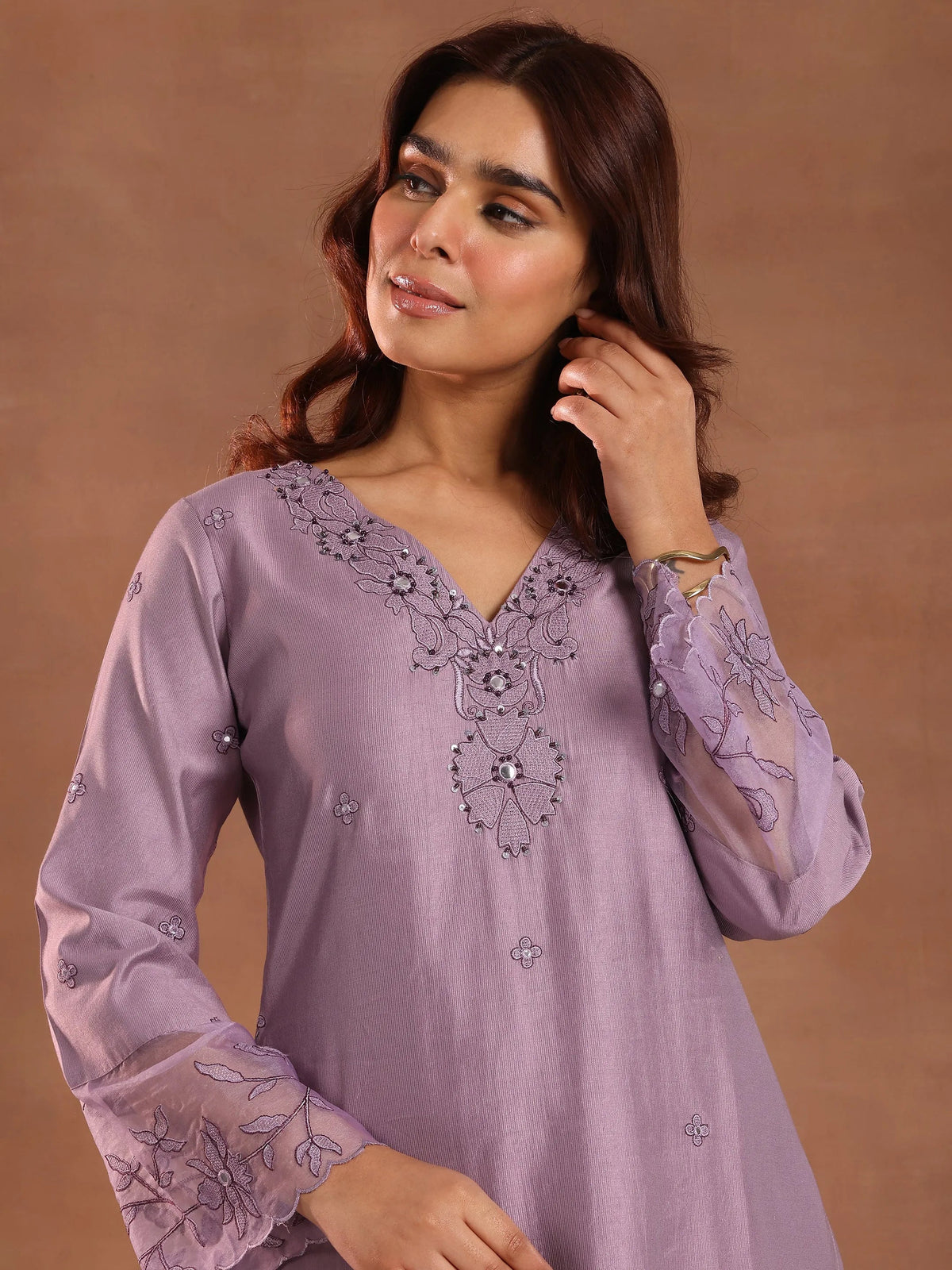 Libas Mauve Embroidered Silk Blend Straight Kurta Set