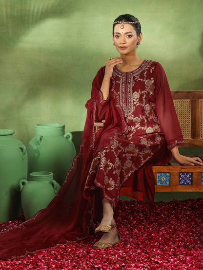 Libas Maroon Woven Design Organza Straight Suit With Dupatta