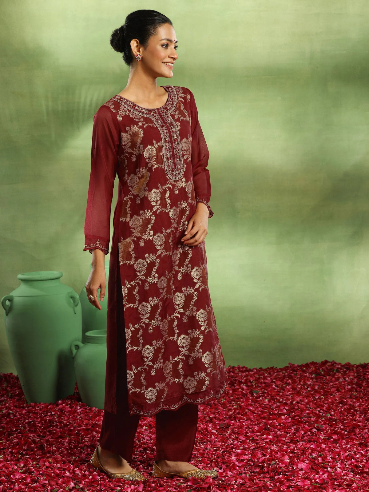 Libas Maroon Woven Design Organza Straight Suit With Dupatta