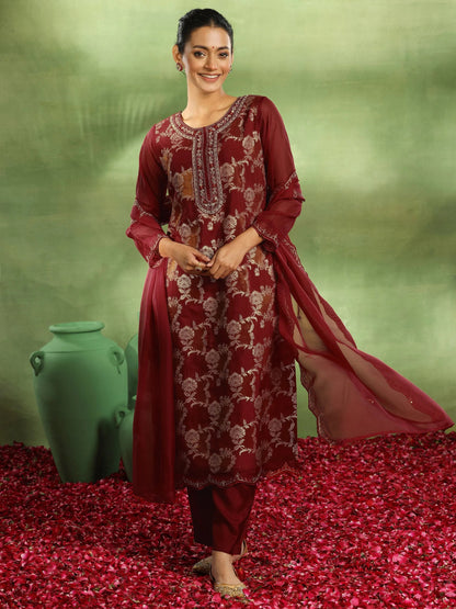 Libas Maroon Woven Design Organza Straight Suit With Dupatta