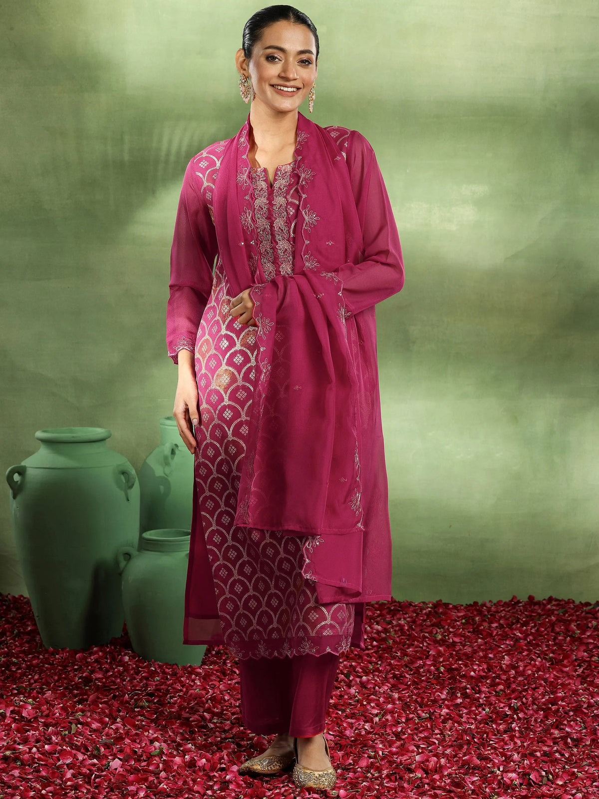Libas Pink Woven Design Organza Straight Suit With Dupatta