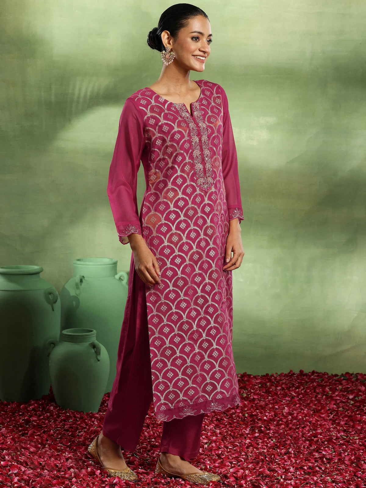 Libas Pink Woven Design Organza Straight Suit With Dupatta