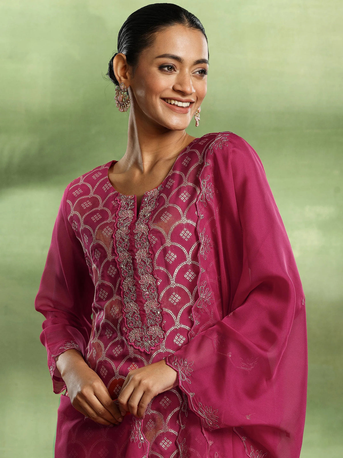 Libas Pink Woven Design Organza Straight Suit With Dupatta