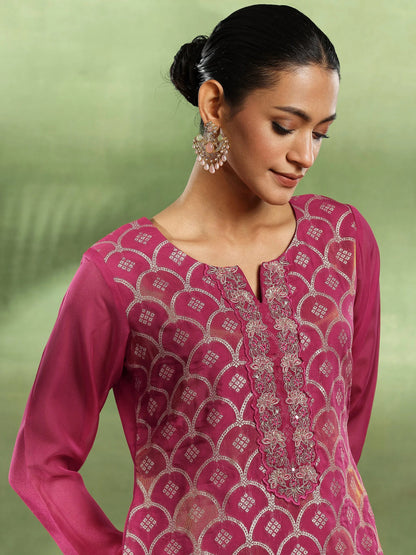 Libas Pink Woven Design Organza Straight Suit With Dupatta
