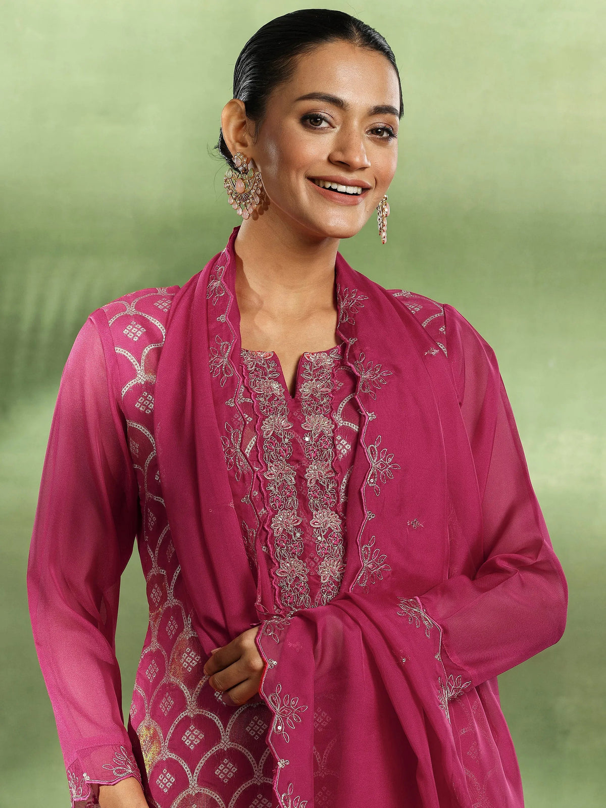 Libas Pink Woven Design Organza Straight Suit With Dupatta