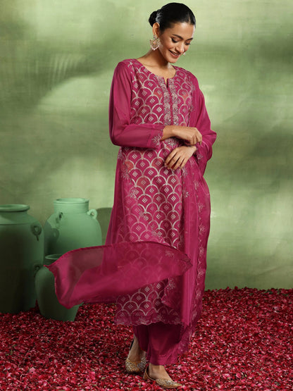 Libas Pink Woven Design Organza Straight Suit With Dupatta